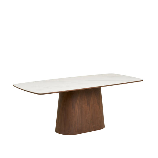 Masă dining TRAVIS 200x90 cm Marmură Albă & Nuc Închis