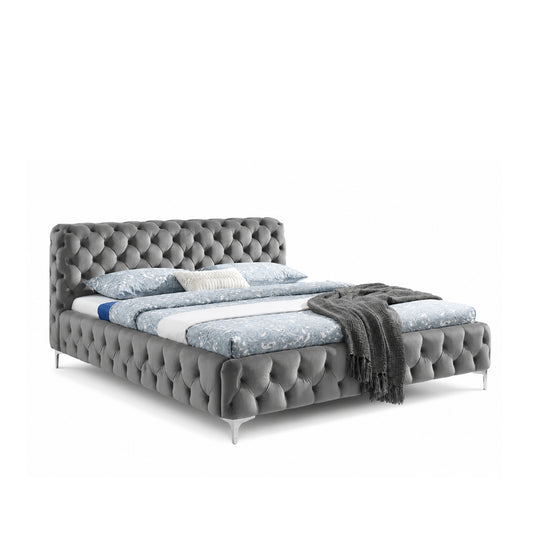 Pat CHESTERFIELD în catifea gri pentru saltea 180x200 cm