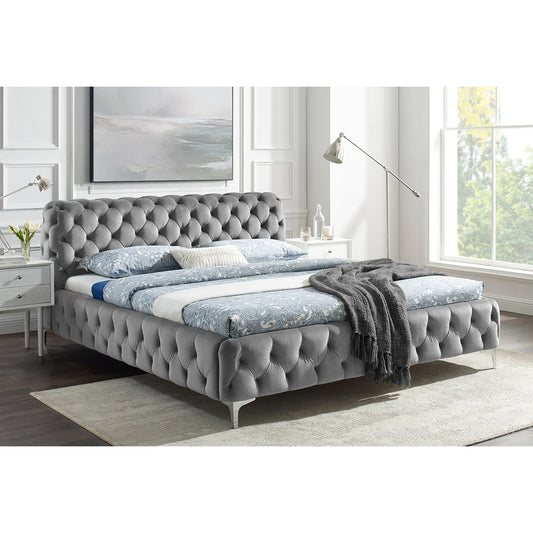 Pat CHESTERFIELD în catifea gri pentru saltea 180x200 cm